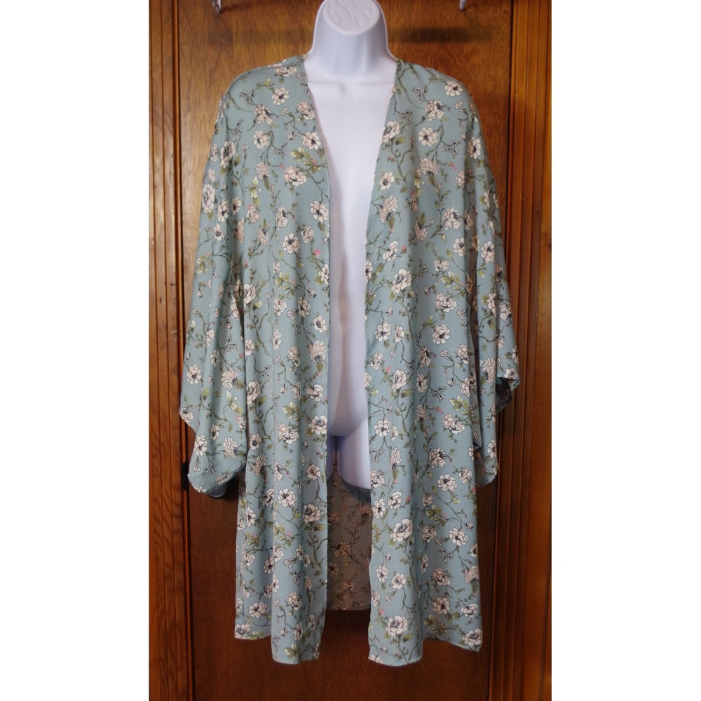 Easel Los Angeles Floral Kimono Cardigan Dusty Blue Pink Duster Small